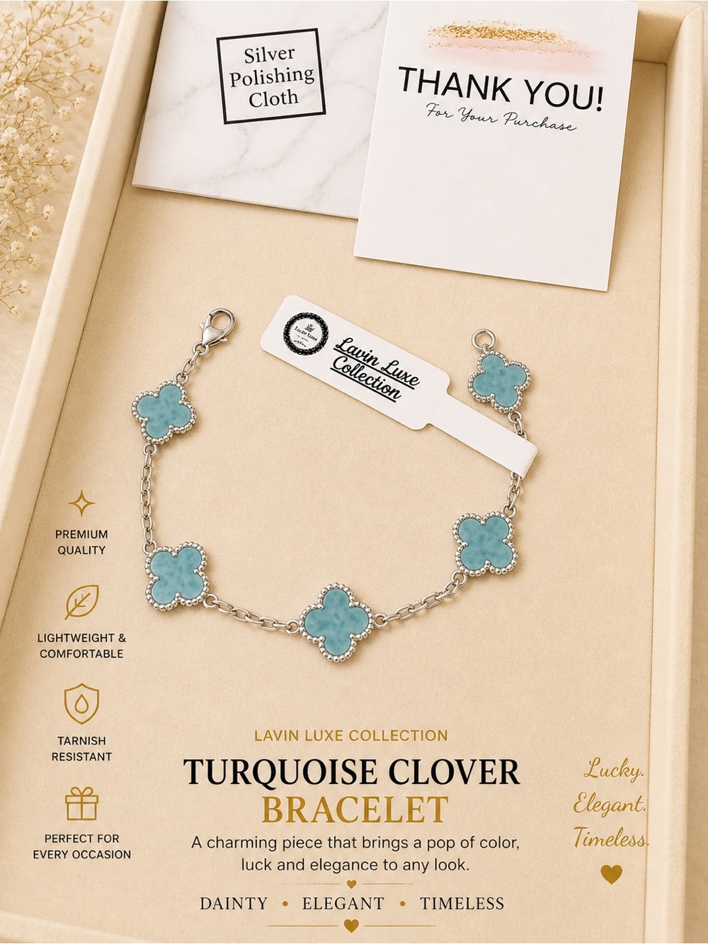 Turquoise Clover Bracelet Size 7 inches Silver 925